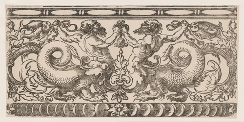 Ornament met twee vechtende tritons by anonymous, print, 1510-1550