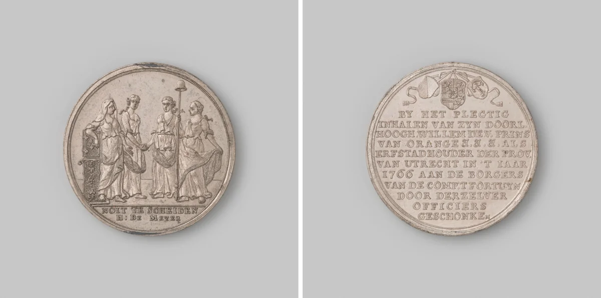 Ter herinnering aan de plechtige intocht van Prins Willem V als erfstadhouder van de provincie Utrecht aan de burgers van de compagnie 't Fortuyn door hun officieren geschonken by H. de Meyer, metalwork, 1766