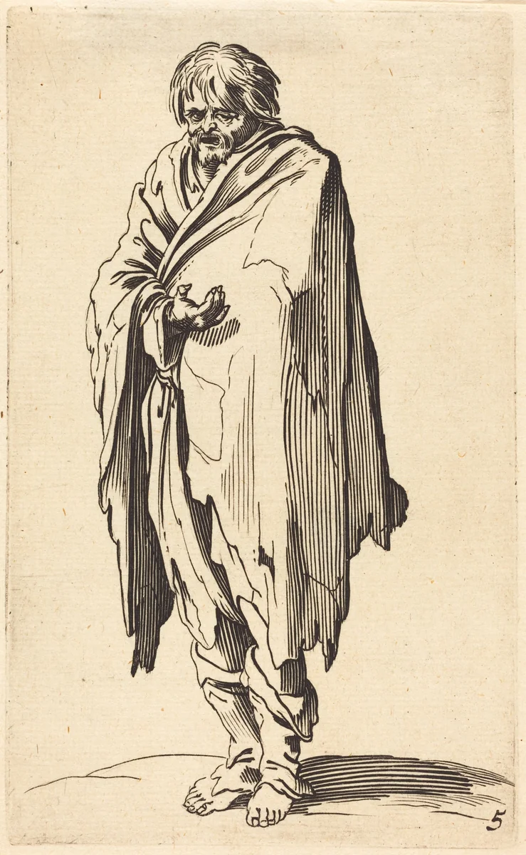 Beggar with Bare Head and Feet by Jacques Callot, print, 1622-1699