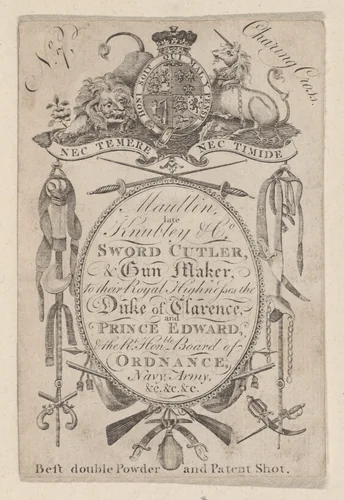 Trade Card Bearing the Name of the Late Gunmaker John Knubley (1750–1795) by anonymous, print, 1790-1809