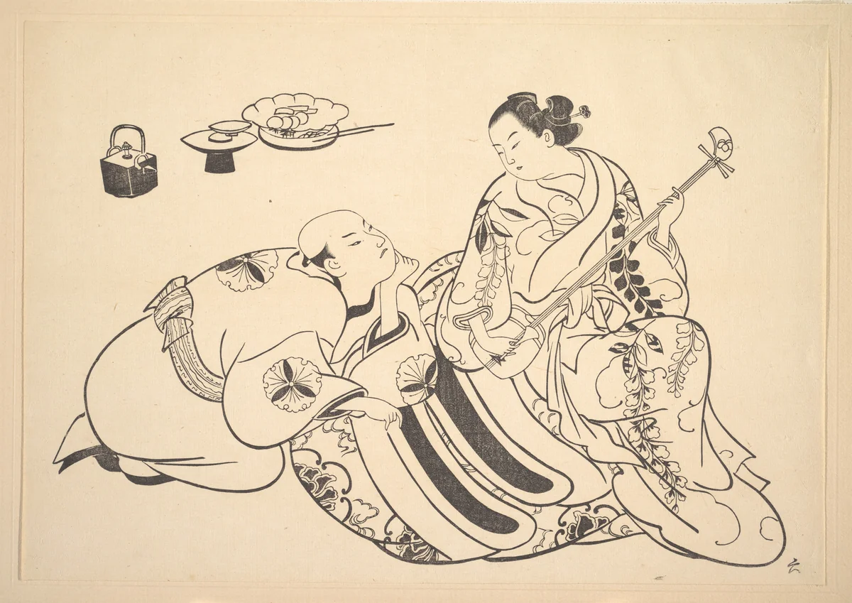 An Oiran Playing the Shamisen to a Young Man Kneeling by Her Side in Rapt Attention by Okumura Masanobu (奥村政信), print, 1868-1912