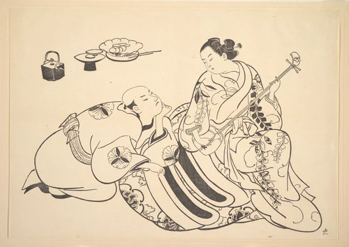 An Oiran Playing the Shamisen to a Young Man Kneeling by Her Side in Rapt Attention by Okumura Masanobu (奥村政信), print, 1868-1912