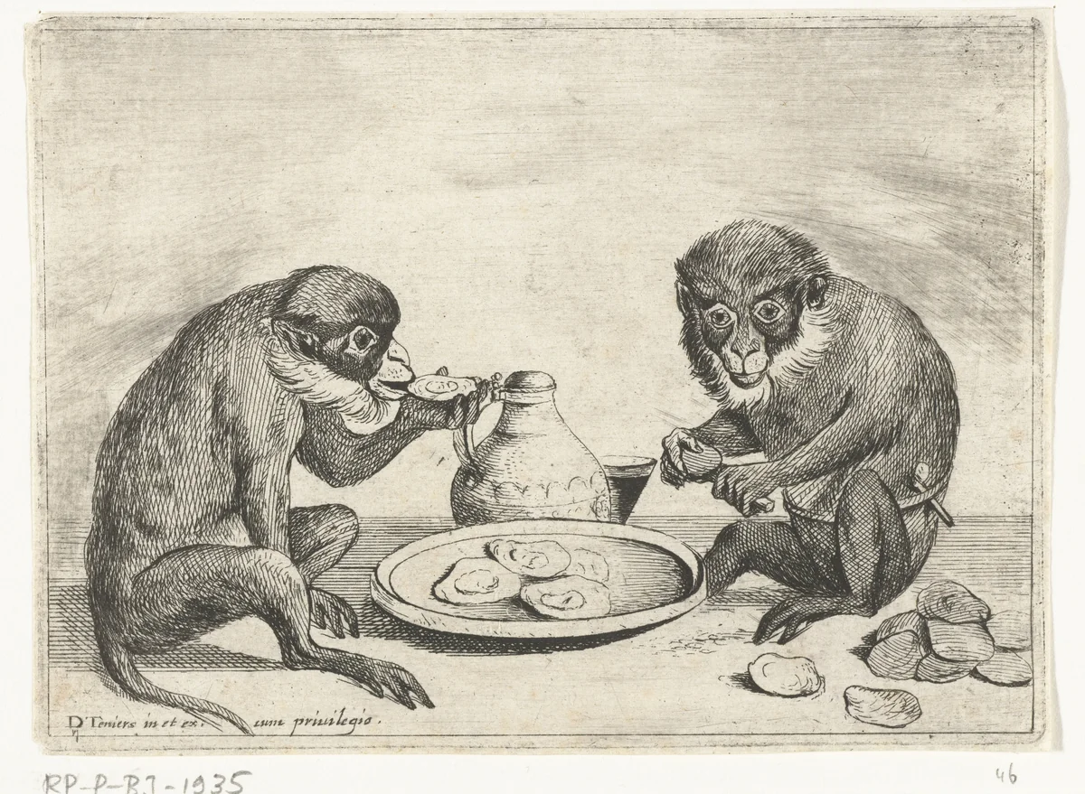 Twee apen eten oesters by Quirin Boel, print, 1635-1690