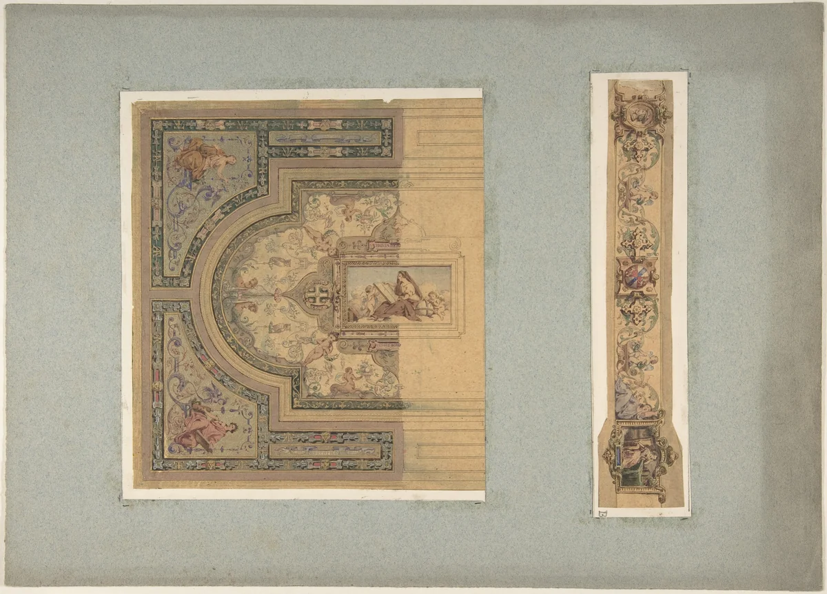 Two Designs for Ceiling with Putti and Allegorical Figures of the Arts by Jules-Edmond-Charles Lachaise, drawing, 1850-1900