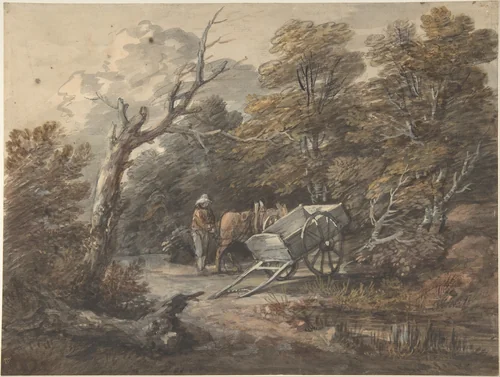 Woodland Scene with a Peasant, a Horse, and a Cart by Thomas Gainsborough, drawing, 1755-1765