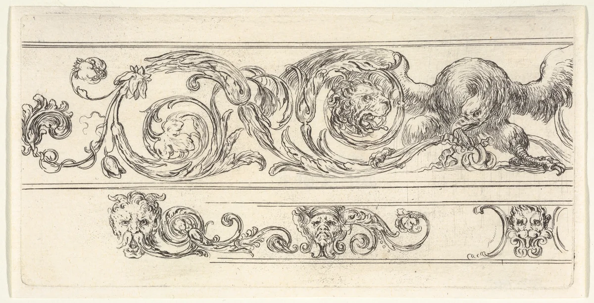 Two friezes; at top, an eagle and the head of a lion, at bottom, a lion head and two grotesque heads of men, plate 7 from "Friezes, foliage, and grotesques" (Frises, feuillages et grotesques) by Stefano della Bella, print, 1638-1643