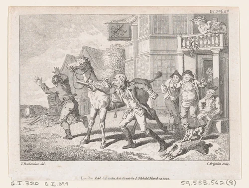 Lismahago Outside The Inn at Durham, an illustration from Tobias Smollett's "The Expedition of Humphry Clinker" (London, 1793), Vol. 1 by Charles Grignion, print, 1793