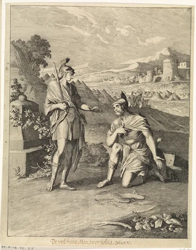 Jozua knielt voor de 'Vorst van het Heir des Heeren' by Caspar Luyken, print, 1708