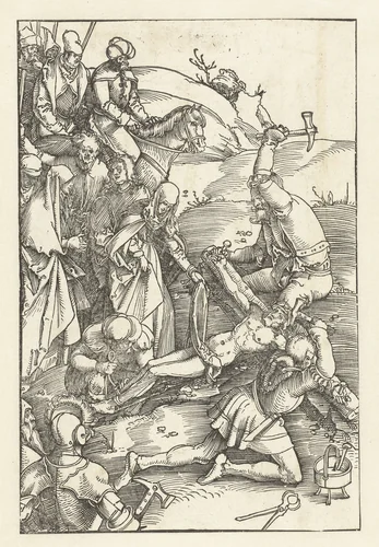 Christus aan het kruis genageld by Hans Baldung Grien, print, 1507
