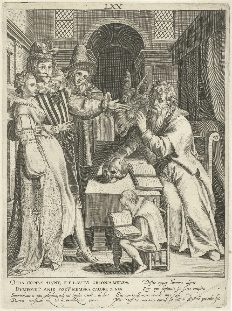 Zevende levensfase van zeventig jaar met oude man die zijn kinderen raad geeft by Assuerus van Londerseel, print, 1598-1602