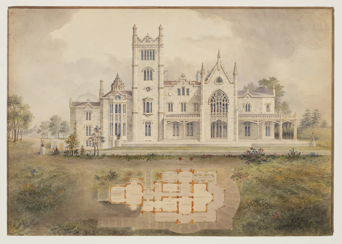 Lyndhurst for George Merritt, Tarrytown, New York (west [rear] elevation and plan) by Alexander Jackson Davis, drawing, 1865