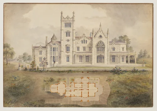 Lyndhurst for George Merritt, Tarrytown, New York (west [rear] elevation and plan) by Alexander Jackson Davis, drawing, 1865