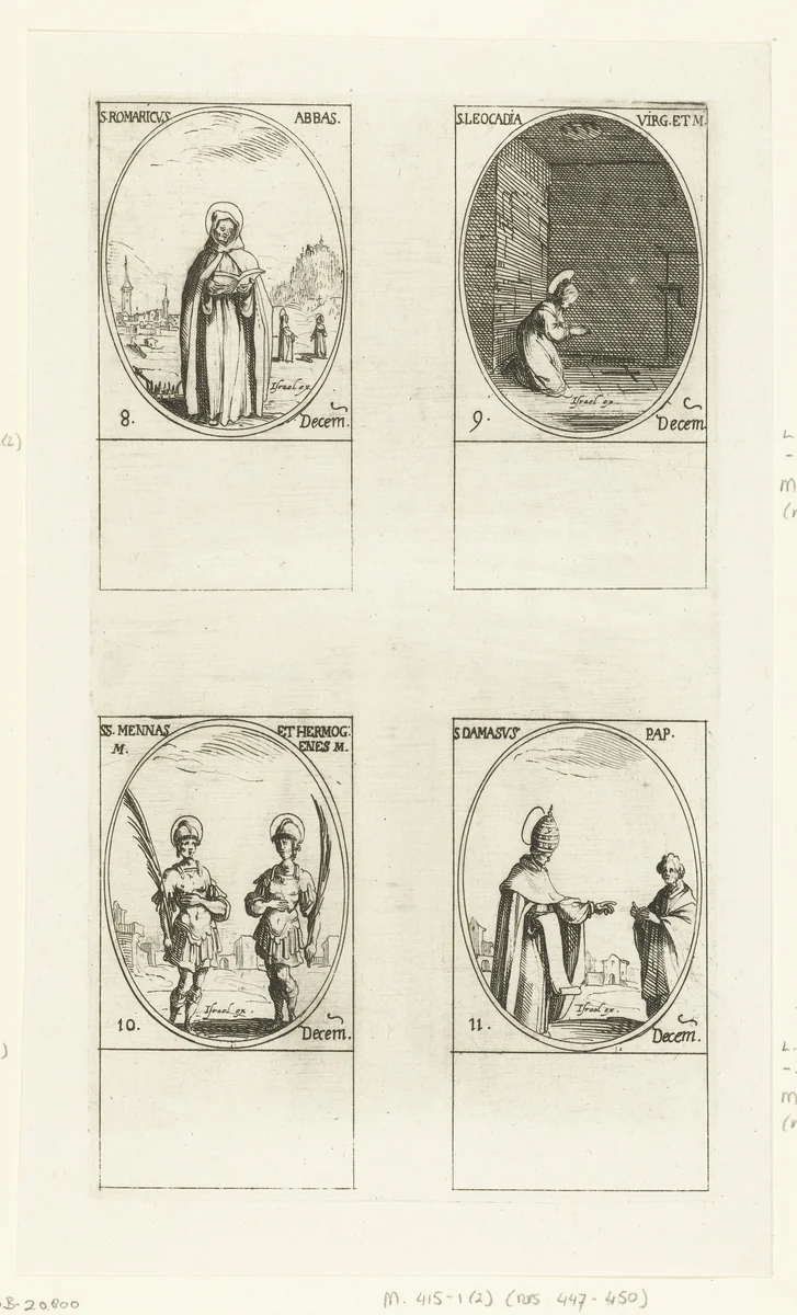 Heilige Romaricus van Remiremont, Heilige Leocadia van Toledo, Heilige Menas en Heilige Hermogenes van Alexandrië, Heilige Damasus I (8-11 december) by Jacques Callot, print, 1632-1636