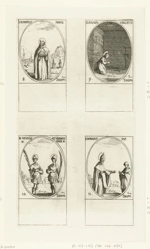 Heilige Romaricus van Remiremont, Heilige Leocadia van Toledo, Heilige Menas en Heilige Hermogenes van Alexandrië, Heilige Damasus I (8-11 december) by Jacques Callot, print, 1632-1636