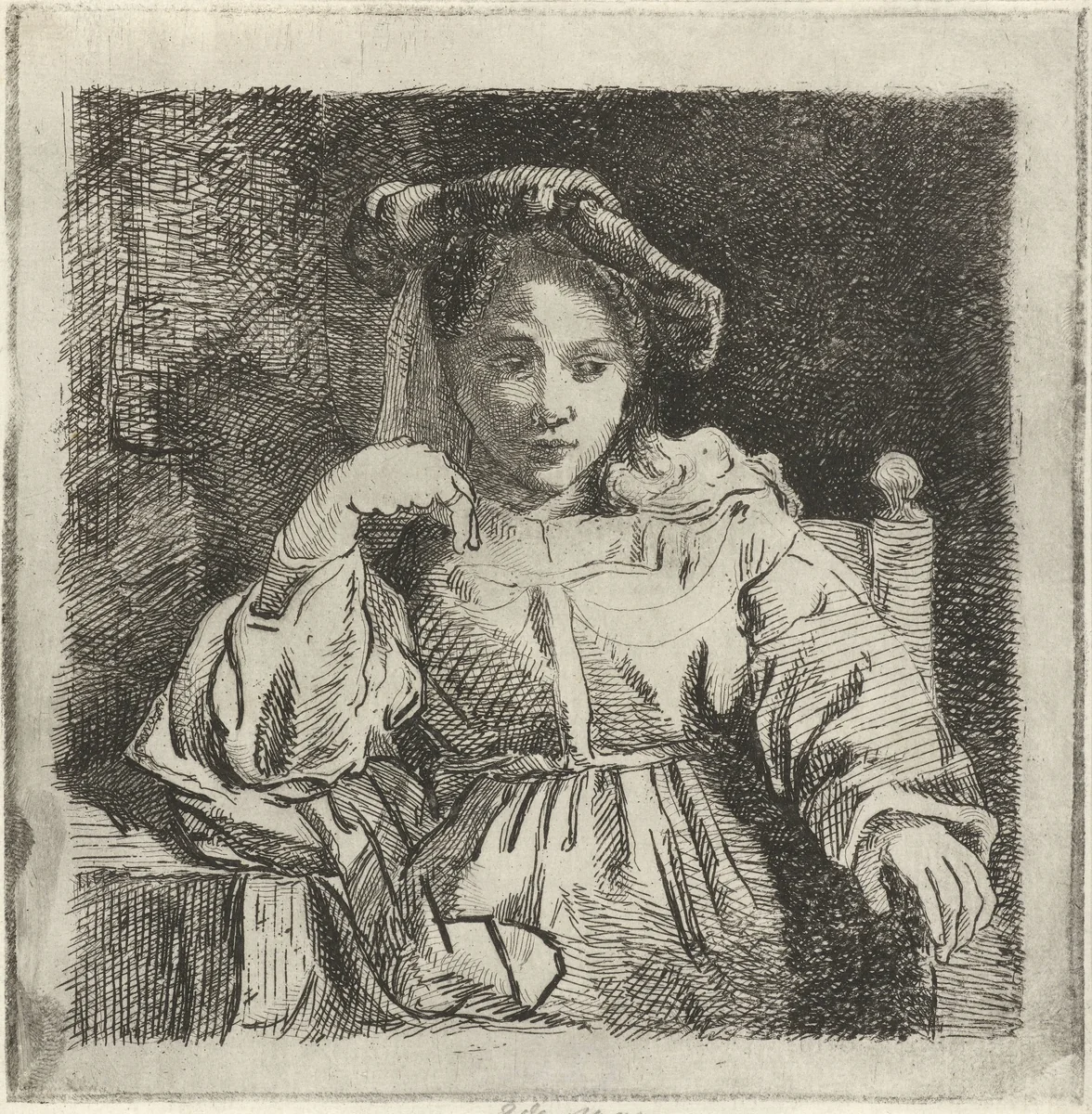 Zittend meisje by David van der Kellen, print, 1814-1859