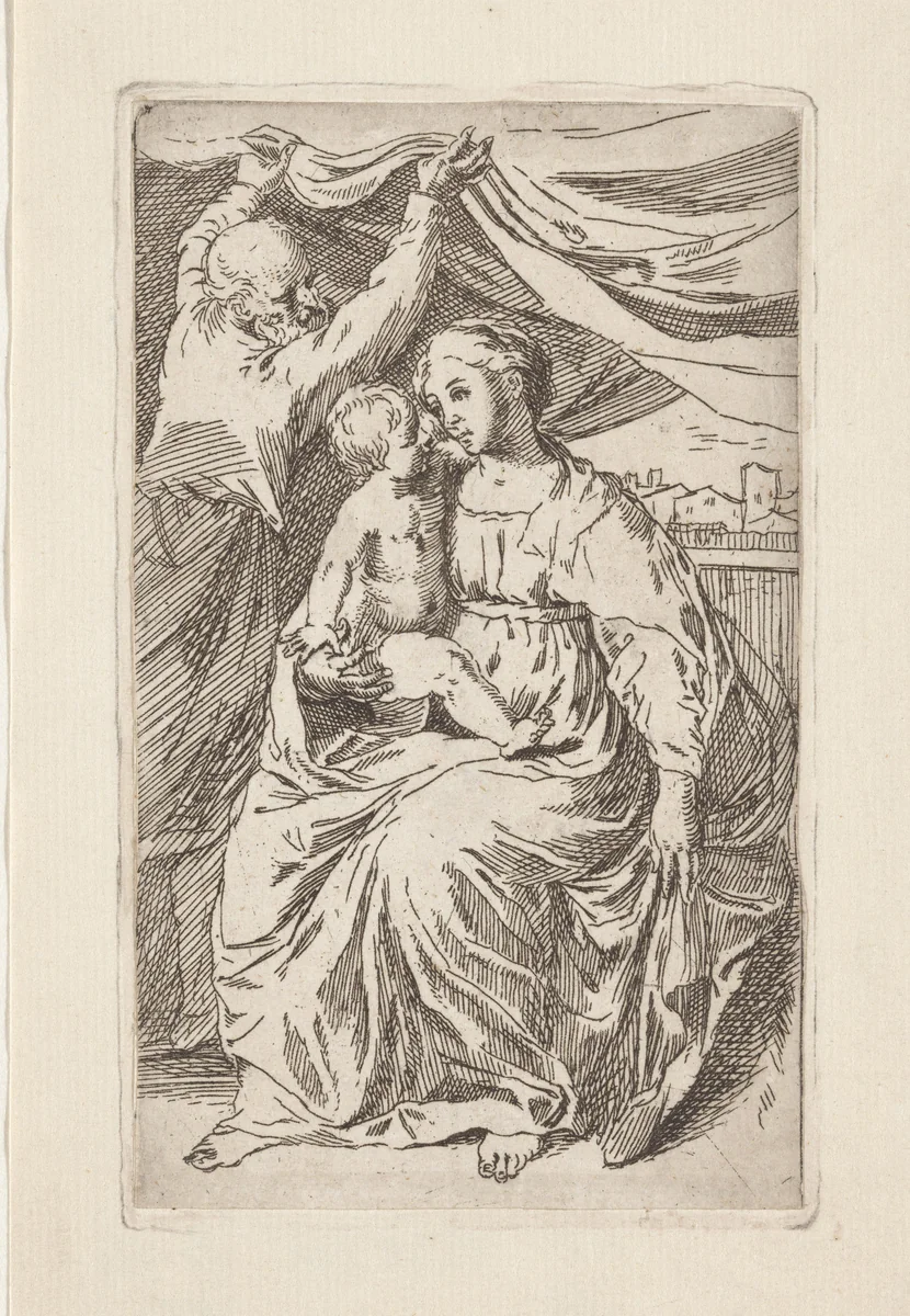 Heilige Familie met gordijn by anonymous, print, 1622-1648