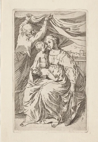Heilige Familie met gordijn by anonymous, print, 1622-1648