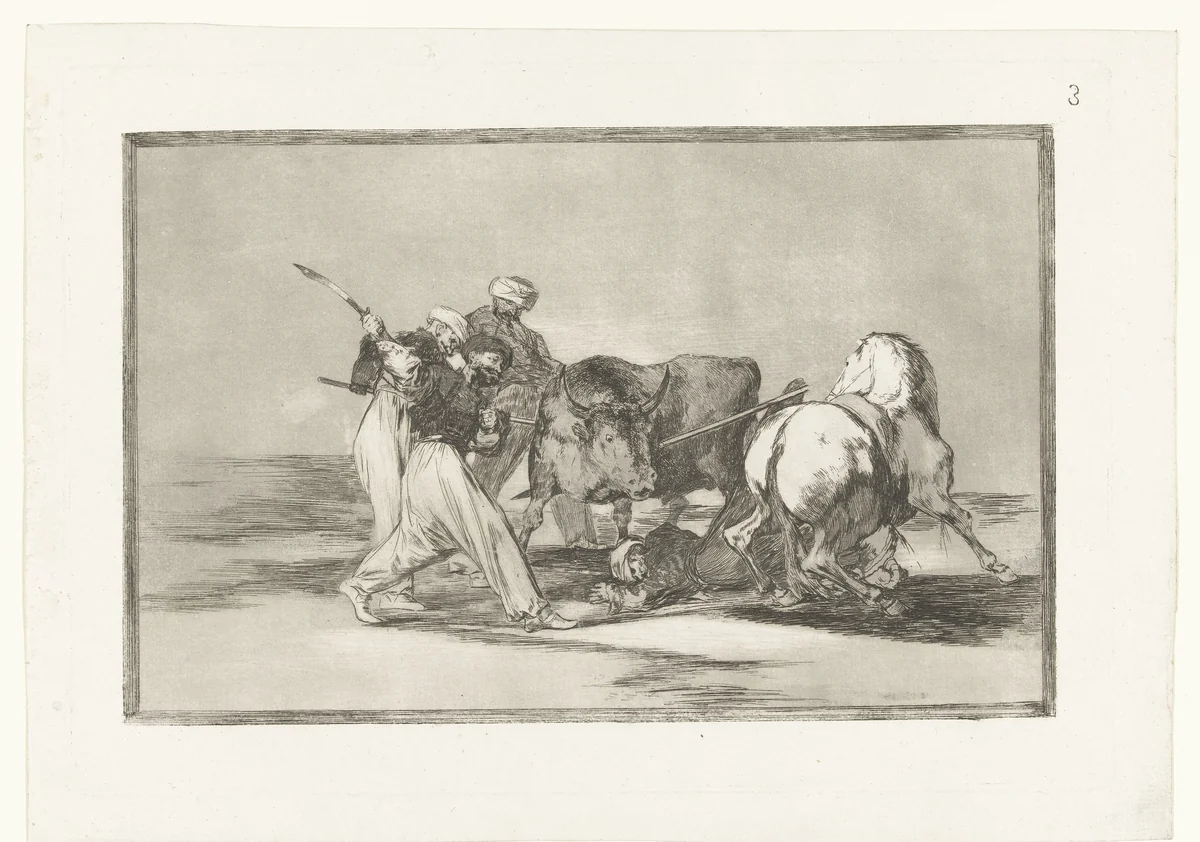 Vier mannen jagen op een stier by Francisco de Goya, print, 1811-1816