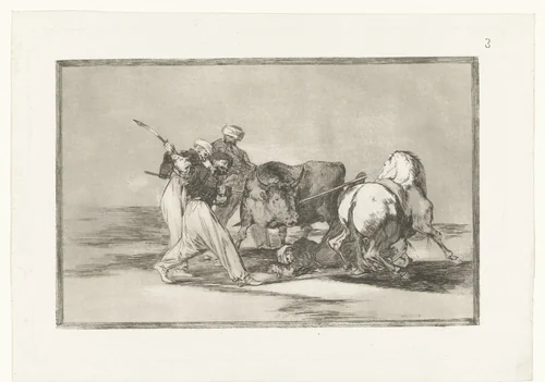 Vier mannen jagen op een stier by Francisco de Goya, print, 1811-1816