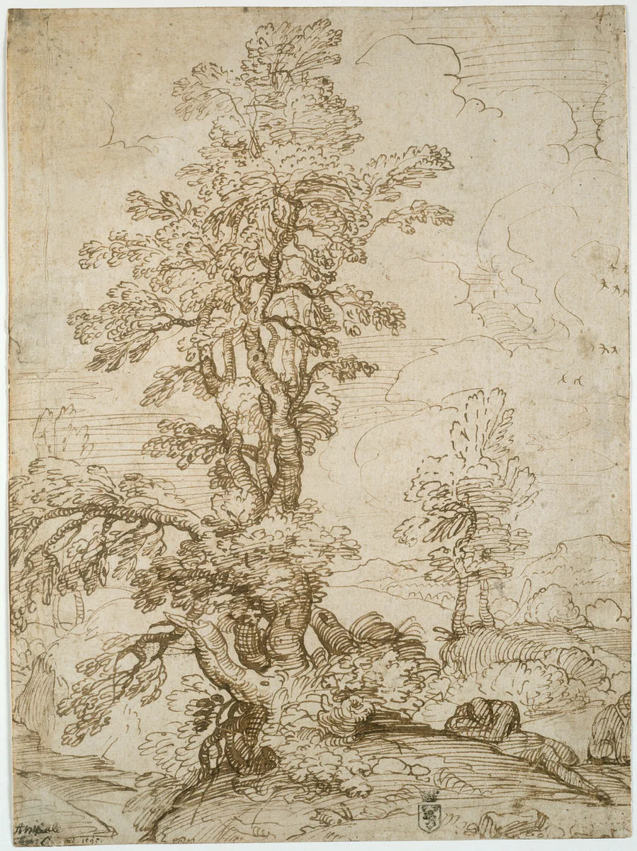 Landscape with Man Sleeping beneath Tree (recto); Landscape with a Horseman (verso) by Annibale Carracci, drawing, 1595