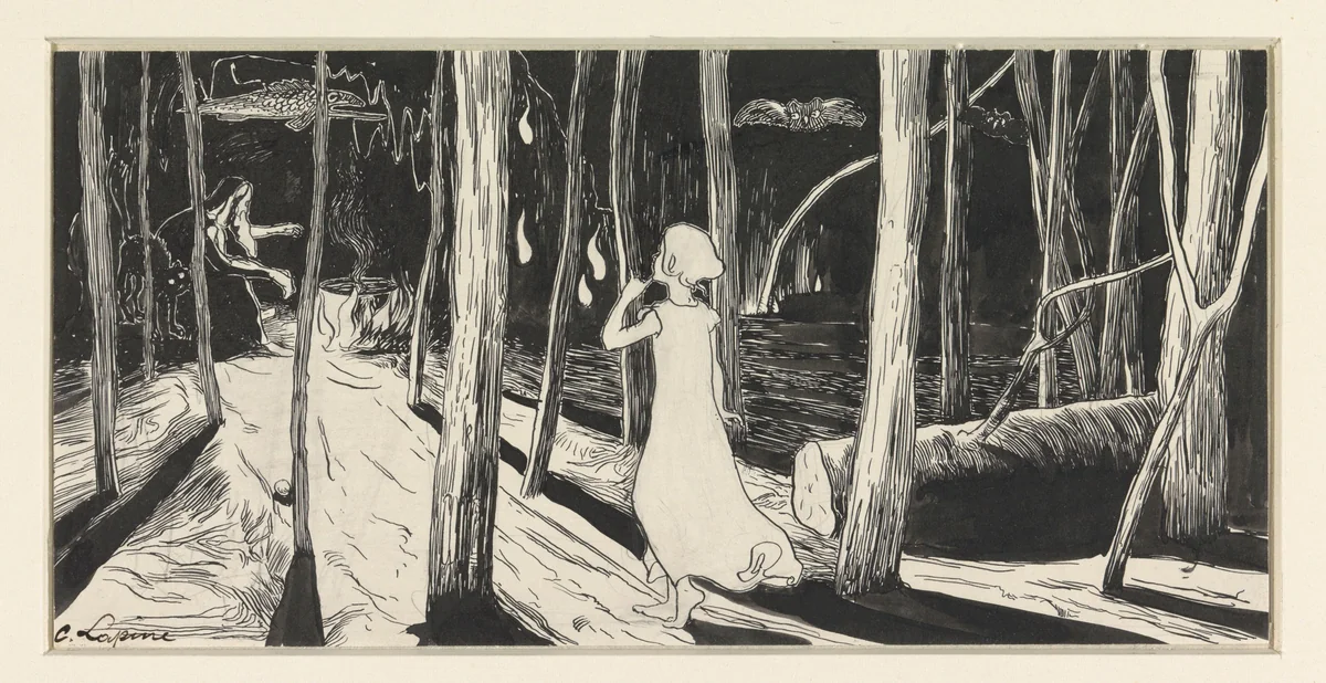 Heks bij kookpot in bos bij nacht by C. Lapine, drawing, 1895-1900