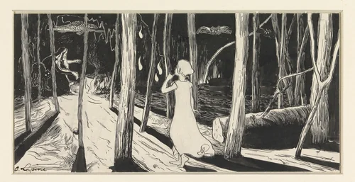 Heks bij kookpot in bos bij nacht by C. Lapine, drawing, 1895-1900