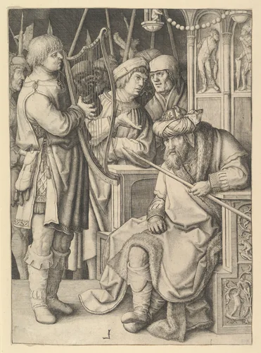 David Playing the Harp Before Saul by Lucas van Leyden, print, 1503-1513