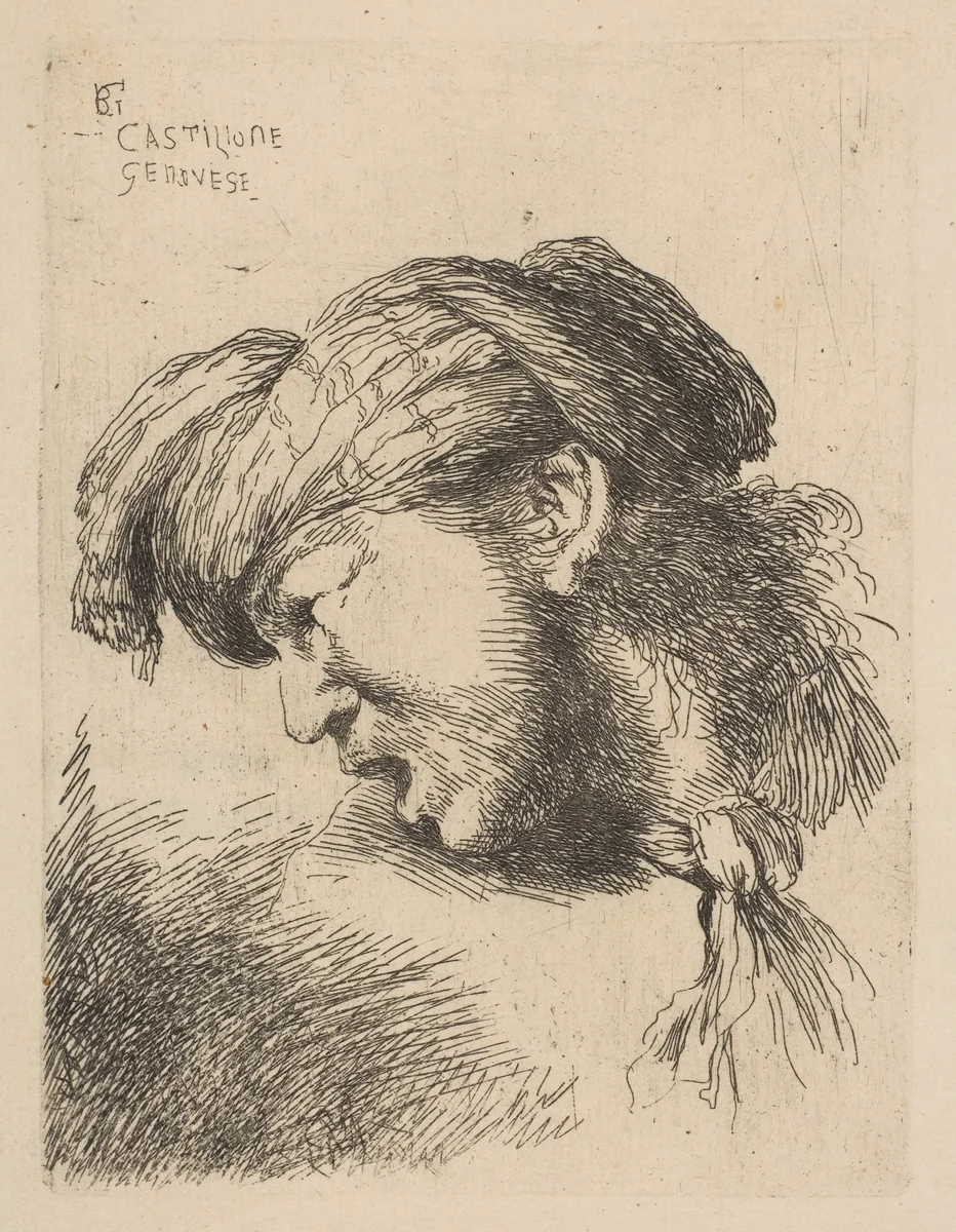 Man wearing a turban, a tie fastened around his neck, facing left, from "Small Heads in Oriental Headdress" by Giovanni Benedetto Castiglione, print, 1640-1655
