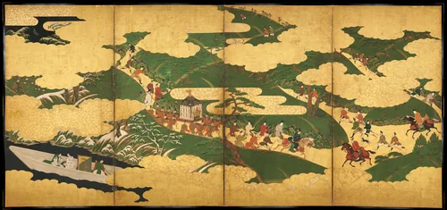 “An Imperial Excursion” (Miyuki), “A Boat Cast Adrift” (Ukifune), and “The Barrier Gate” (Sekiya) by Tosa Mitsuyoshi (土佐光吉), painting, 1550-1633