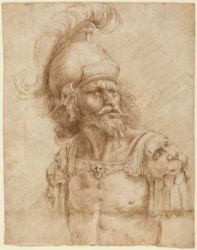 A Helmeted Soldier by Domenico Peruzzini, drawing, 1602-1671