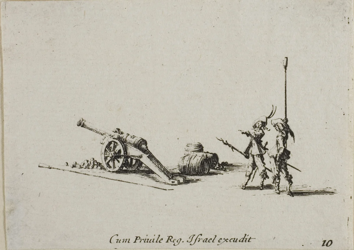 Preparing to Fire the Canon, plate ten from The Military Exercises by Jacques Callot, print, 1635