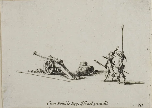 Preparing to Fire the Canon, plate ten from The Military Exercises by Jacques Callot, print, 1635