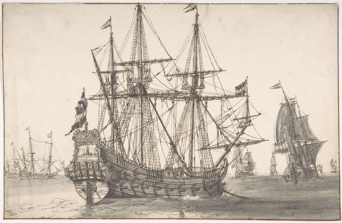 Dutch Men of War at Anchor by Willem van de Velde, drawing, 1625-1693