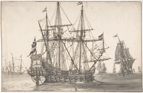 Dutch Men of War at Anchor by Willem van de Velde, drawing, 1625-1693