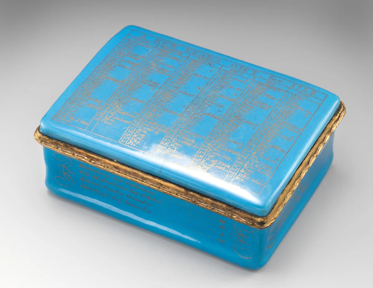 Snuffbox with calendar and saints' days for 1758 by Anthony Tregent, other, 1757
