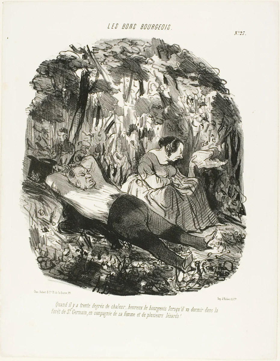At 30°C, lucky he who can escape and snooze in the forest of Saint-Germain accompanied by his wife and a few lizards, plate 27 from Les Bons Bourgeois by Honoré-Victorin Daumier, print, 1847