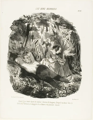At 30°C, lucky he who can escape and snooze in the forest of Saint-Germain accompanied by his wife and a few lizards, plate 27 from Les Bons Bourgeois by Honoré-Victorin Daumier, print, 1847