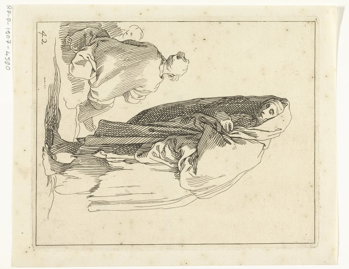 Bedelende vrouw by Frederick Bloemaert, print, 1650-1656