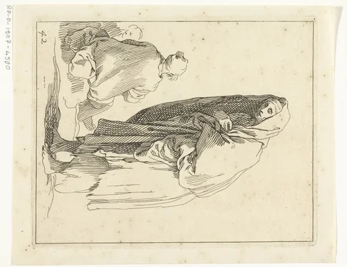 Bedelende vrouw by Frederick Bloemaert, print, 1650-1656