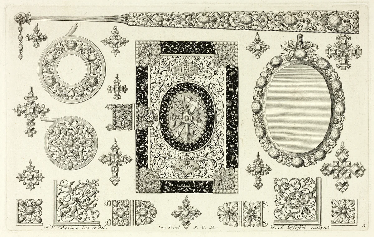 Designs for Jewelry by Joannes Andreas Pfeffel I, print, 1695-1697