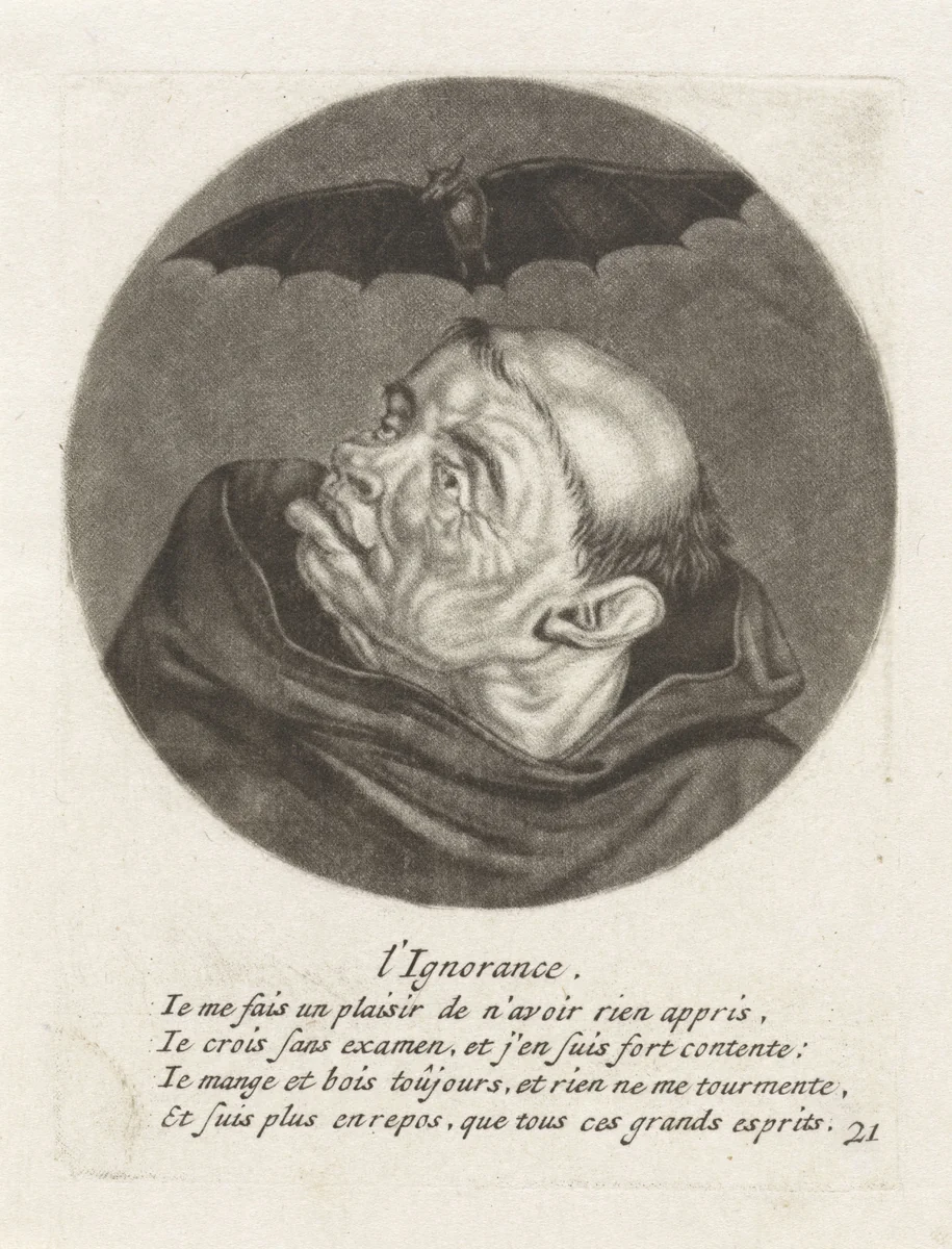 Monnik en een vleermuis by Jacob Gole, print, 1670-1724