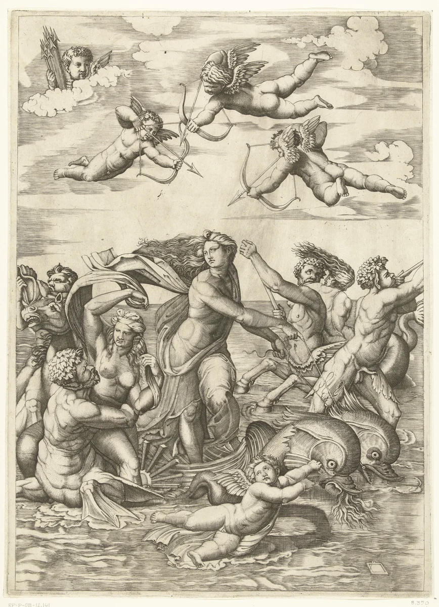 Triomf van Galatea met tritons en nereïden en putti by anonymous, print, 1515-1576
