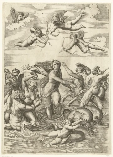 Triomf van Galatea met tritons en nereïden en putti by anonymous, print, 1515-1576