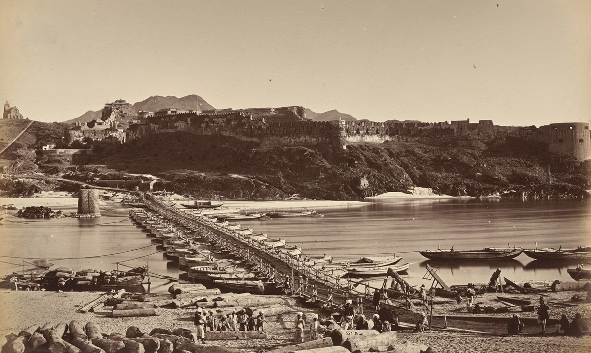 The Bridge of Boats and Fort from Khairabad by John Burke, photograph, 1878-1880
