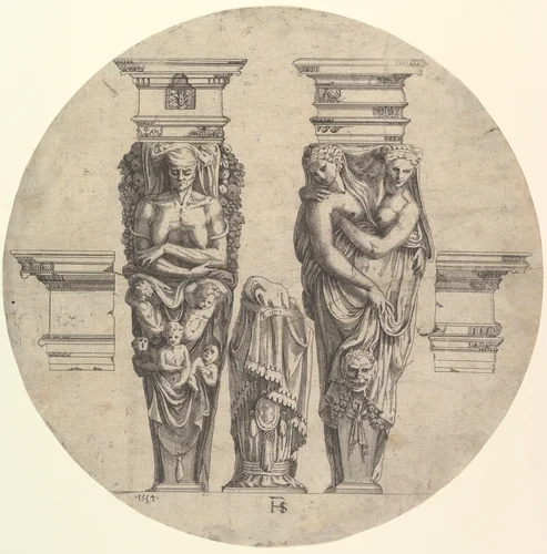 Two Terms, Two Cornices and a Pillar by Hugues Sambin, print, 1554
