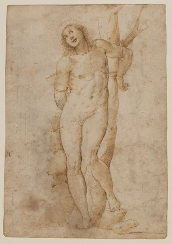 Saint Sebastian (recto); sketches of a male head and a standing figure in a short cape; a copy of the figure on the recto (verso) by Giovanni Antonio Bazzi, drawing, 1500-1549