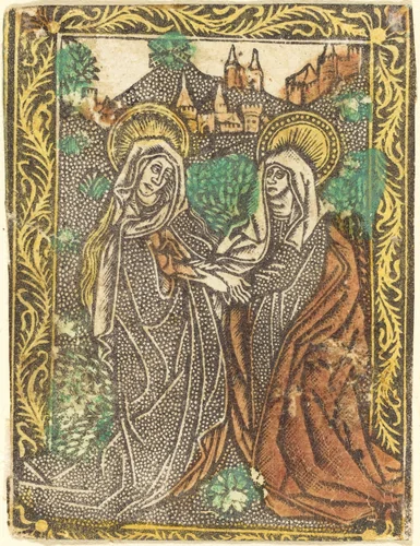 The Visitation by Master of the Borders with the Four Fathers of the Church, print, 1460-1480