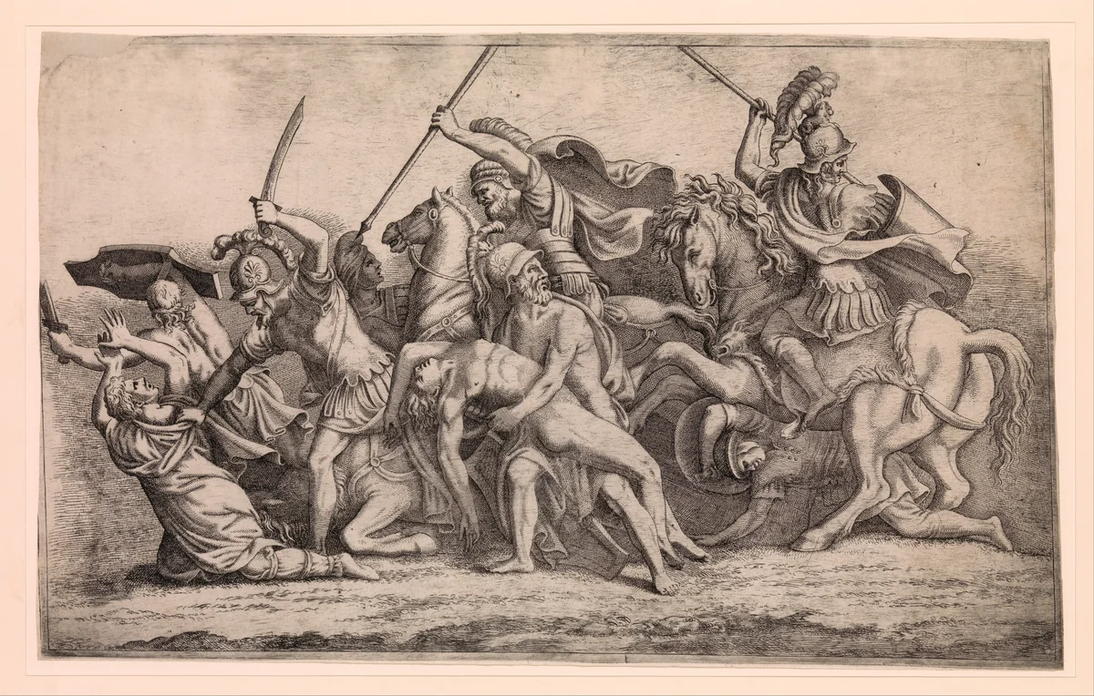 Achilles Removing Patroclus' Body From the Battle by Léon Davent, print, 1540-1550