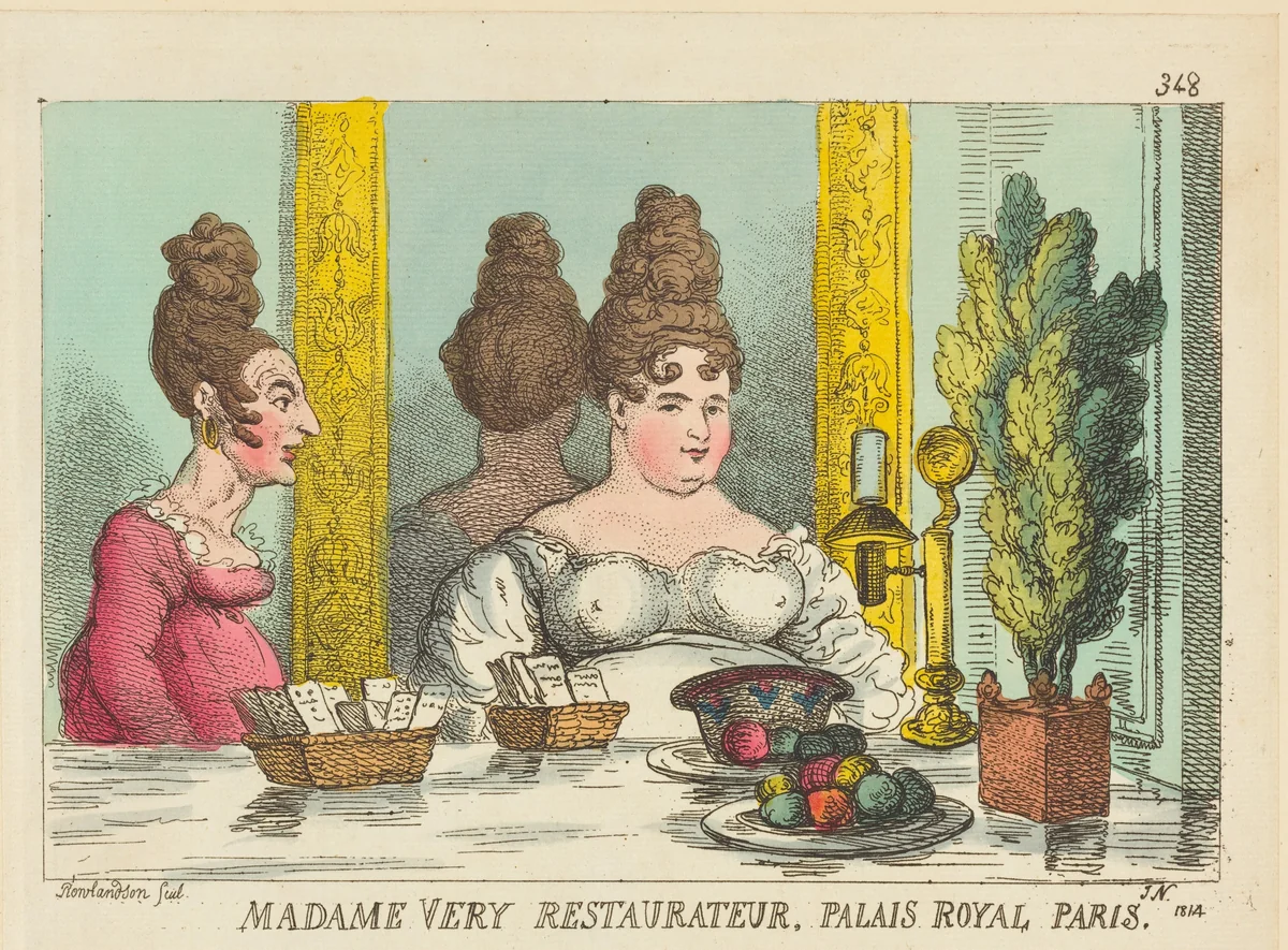 Madame Very Restaurateur, Palais Royal Paris by Thomas Rowlandson, print, 1814