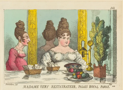 Madame Very Restaurateur, Palais Royal Paris by Thomas Rowlandson, print, 1814